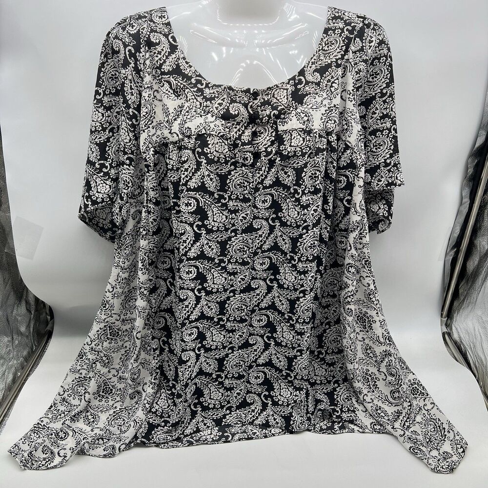 NY Collection Women Black & White Paisley Print Short Sleeve Blouse Tunic Top-2X